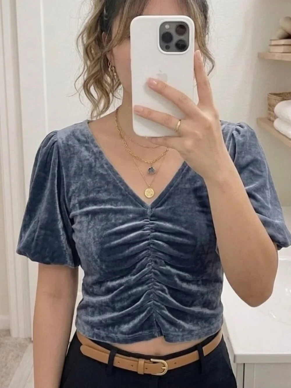 Free People slate blue velvet ruched front V-neck puff sleeve blouse